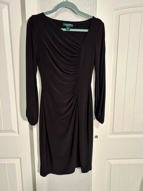 Lauren Ralph Lauren Black Long Sleeve Ruched Jersey Dress 8